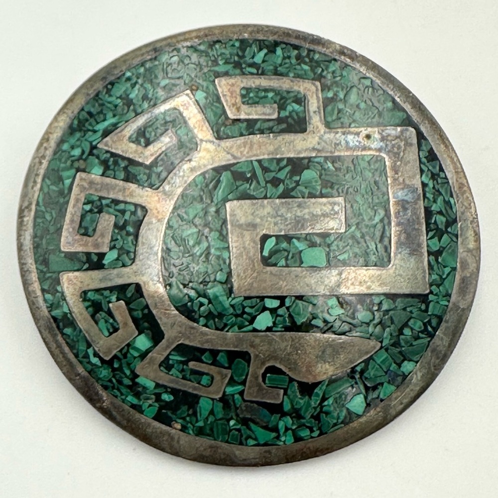 Vintage Taxco Sterling Silver 925 Crushed Malachite Inlay Tribal Brooch Pin - Picture 2 of 7